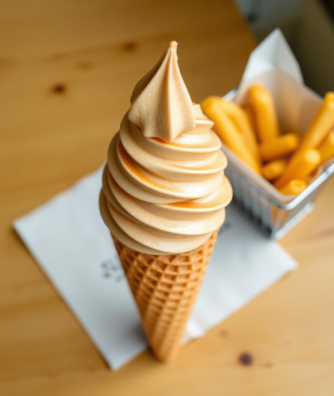 A tall caramel soft-serve swirl on a waffle cone with fresh-cut fries beside it