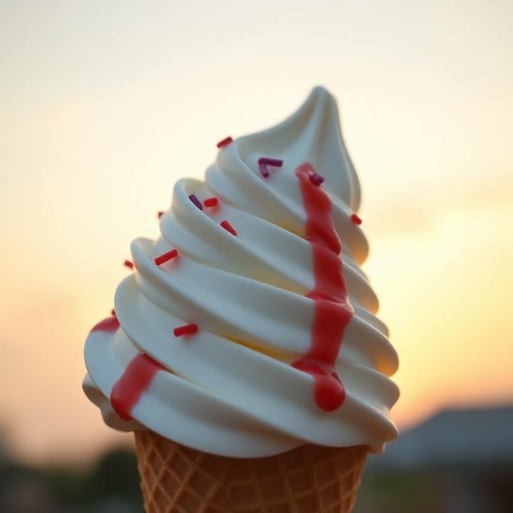 A vanilla soft-serve cone with strawberry drizzle and sprinkles